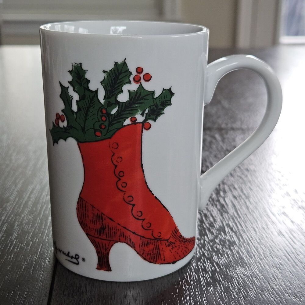 Porcelain Andy Warhol Christmas Mug Holly Victorian Boot Shoe - Picture 1 of 3